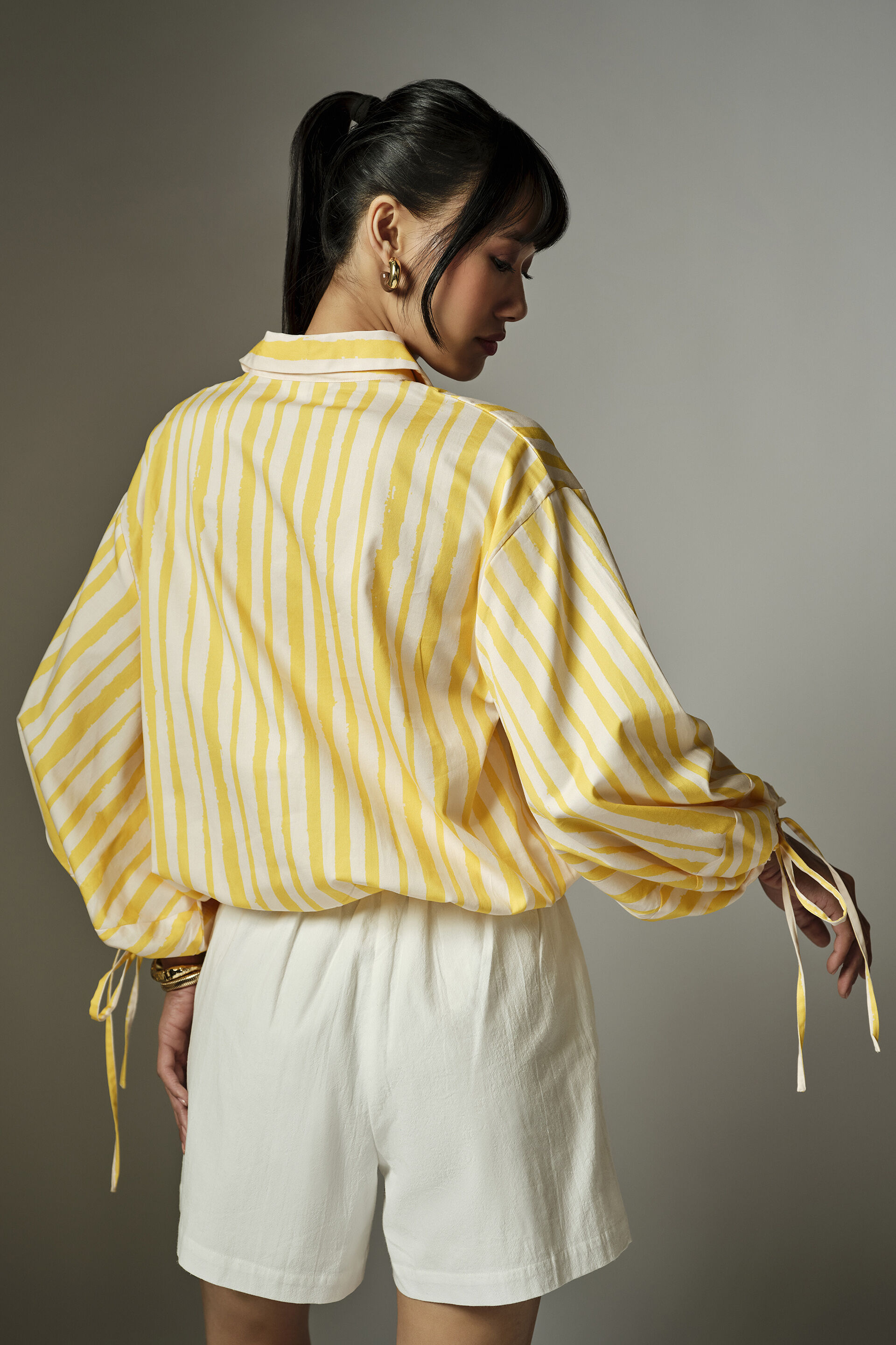 Karyne Striped Cotton Shirt, Yellow, image 6
